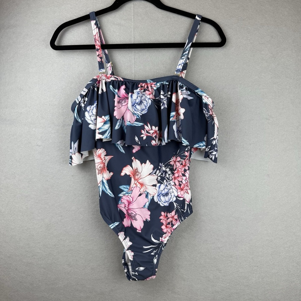 Venus Floral One‎ Piece Swimsuit Womens Sz 6 Navy Ruffle Off Shoulder Tropical